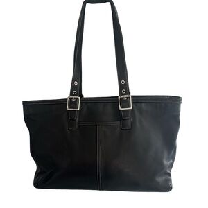Coach Vintage Elegant Black Supple Leather Tote Bag with White Stitching